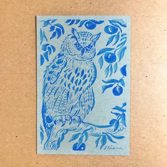 Eagle Owl Painting, Original Art, 4x6 Postcard