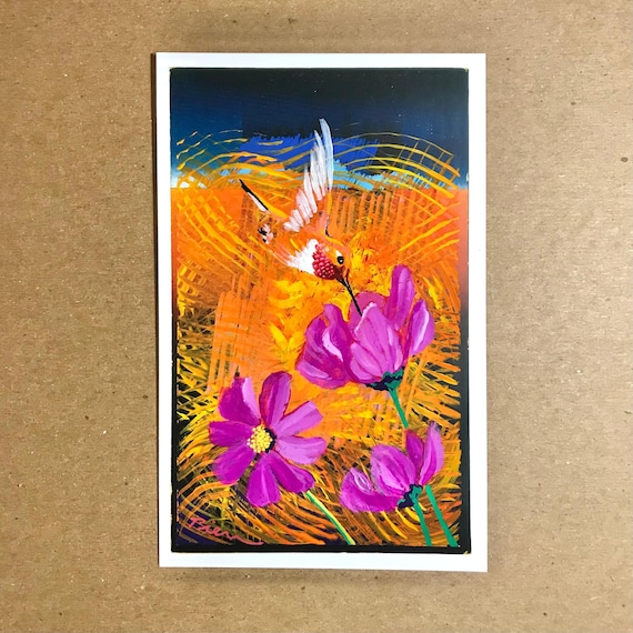 Rufous in the Cosmos ~ Postcard Painting #155
