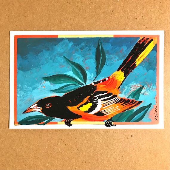 Baltimore Oriole Painting, Original Art, 4x6 Postcard
