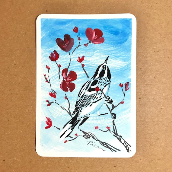 Black-and-White Warbler Painting, Original Art, 4x6 Postcard