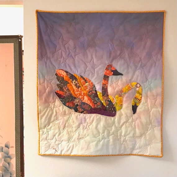 Orange & Yellow STAR SWANS Lap Quilt, 35.5x40.5 Wall Tapestry