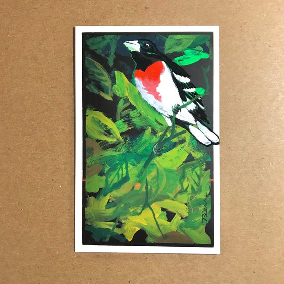 Rose-breasted Grosbeak Painting, Original Art, 4x6 Postcard