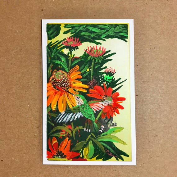 Female Rufous in the Coneflowers ~ Postcard Painting #150
