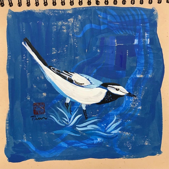 White Wagtail ~ Acrylic-Gouache Painting ~ Ready to Ship!