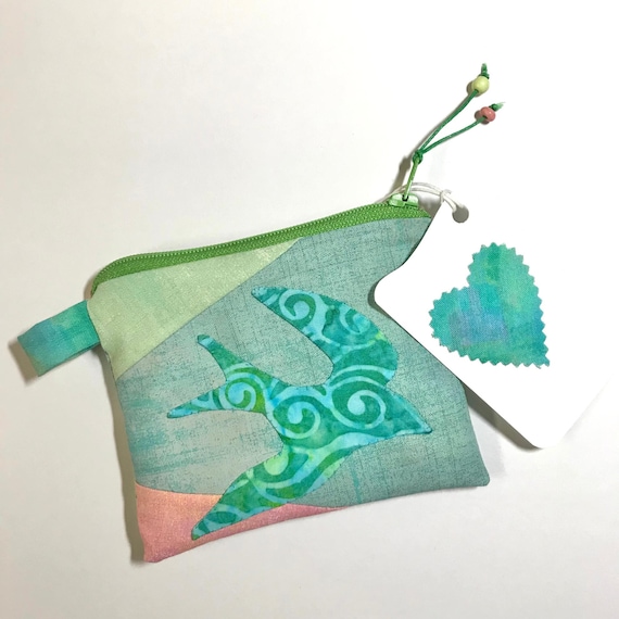 Tiny Green Swirl Swallow Wallet - Coin Card - Sewing Kit Purse