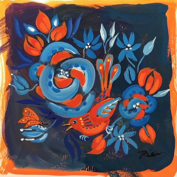 Red Bird Meets Butterfly ~ Acrylic-Gouache Painting ~ Ready to Ship!