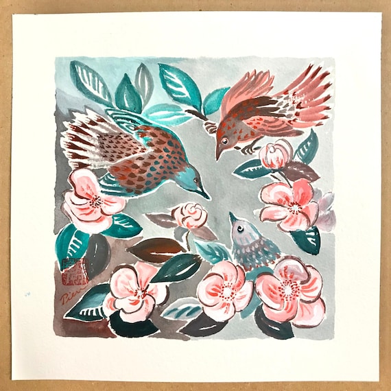 Three Doves in Cherry Blossoms Painting, Original Art, 9x9 Acrylic-Gouache