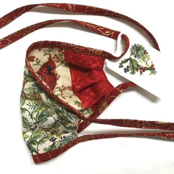 Reversible Cotton Face Mask - 2 Red Cardinals / Berries
