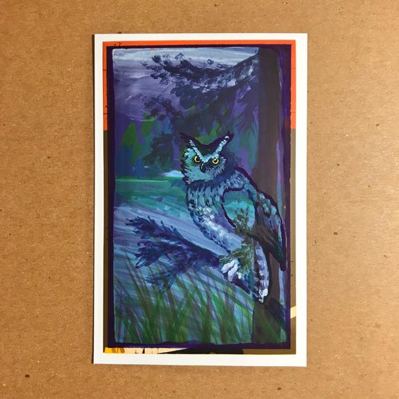 Great Horned Owl Painting, Original Art, 4x6 Postcard
