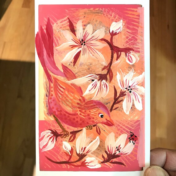 Pinkbird Meets Ladybird ~ Postcard Painting #98