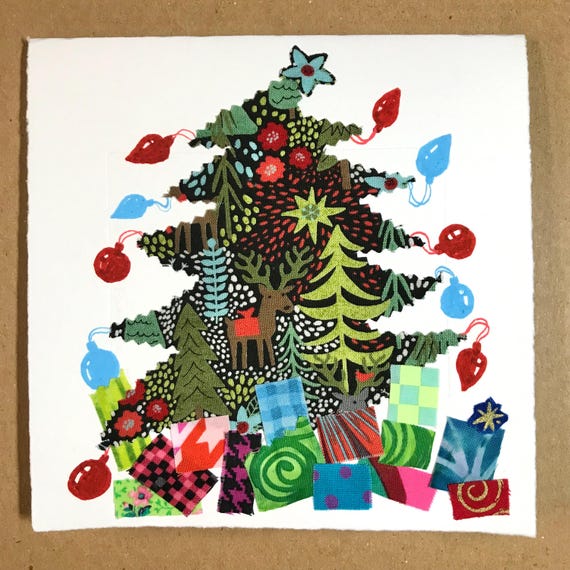 1 Hand-trimmed Fabric Christmas Tree Card