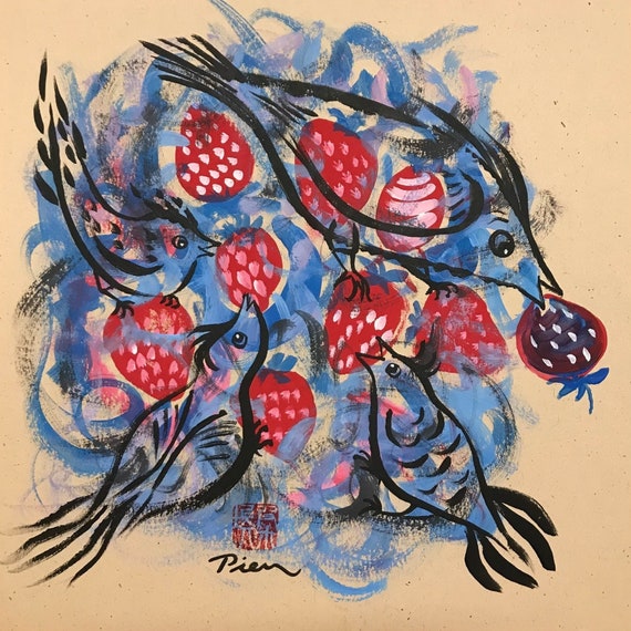 Strawberry Robbers ~ Acrylic-Gouache Painting