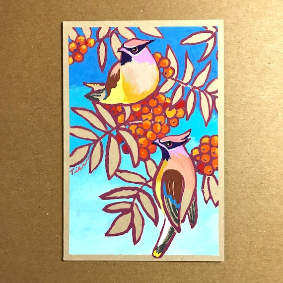 Cedar Waxwings ~ Postcard Painting #240