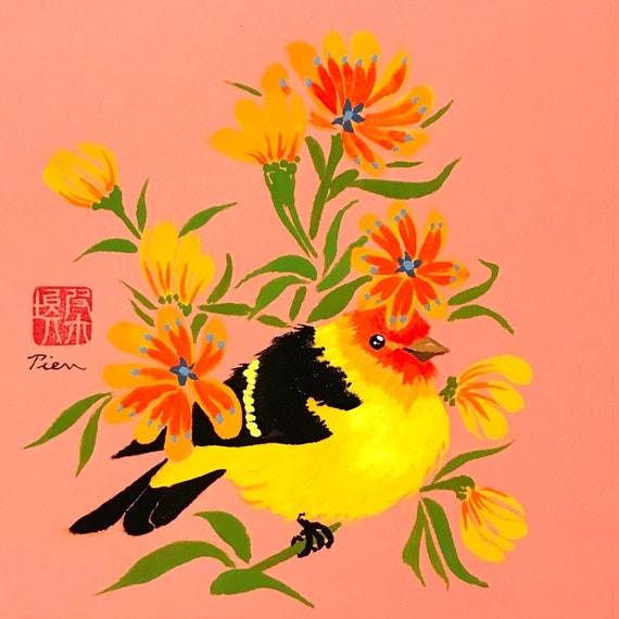 Tanager In The Pink ~ Acrylic-Gouache Painting