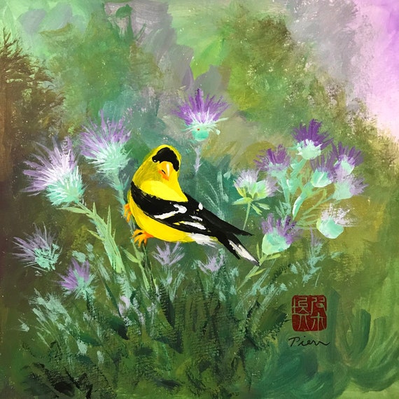 American Goldfinch ~ Acrylic-Gouache Painting ~ Ready to Ship!