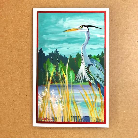 Blue Heron Painting, Original Art, 4x6 Postcard