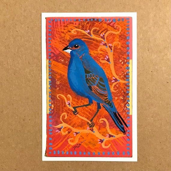 Indigo Bunting Painting, Original Art, 4x6 Postcard