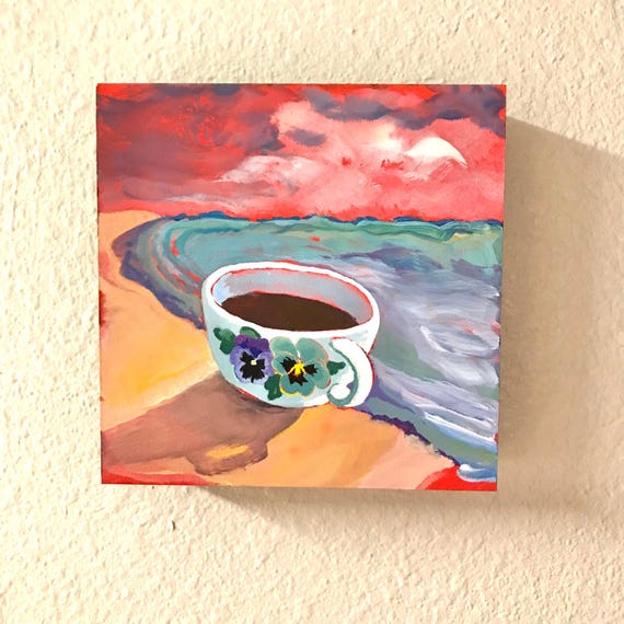 Tea By The Sea Painting, Original Art, 6x6x1.5 Acrylic