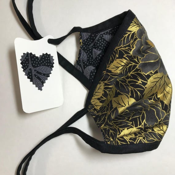 Reversible Cotton Face Mask - Black Rose / Gray Leaves