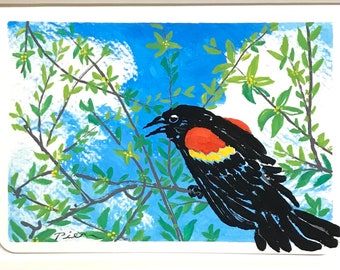 Red-winged Blackbird ~ Postcard Painting #76 ~ Ready to Ship!