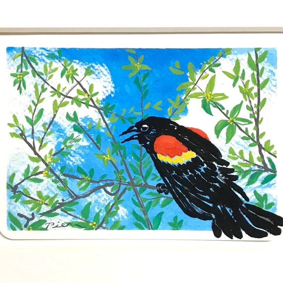 Red-winged Blackbird ~ Postcard Painting ~ Ready to Ship!