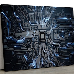 Op de afbeelding: Een canvas print met een gedetailleerde illustratie van een computerprintplaat. Het ontwerp is overwegend donkerblauw en grijs, met helderblauwe elektrische paden en de tekst "Future Ready".
