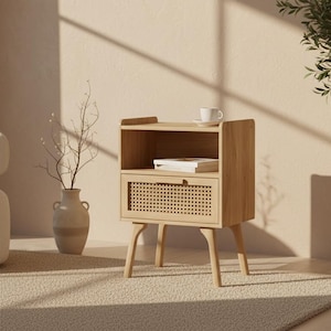 May include: A light wood nightstand with a woven drawer front and three angled legs. A small white teacup and saucer sit on top, with a stack of books on the shelf below. A vase with branches and a potted tree are nearby.