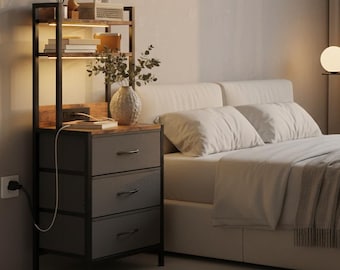 Tall Nightstand with Charging Station, LED Bedside Table with Drawers, USB Outlet Narrow Modern Side Table