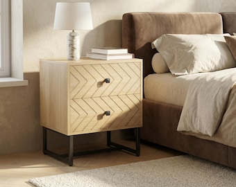 Mesita de noche moderna con cajones, mesita auxiliar pequeña, mesa auxiliar estrecha con almacenamiento, patas de metal negro. Muebles de dormitorio.