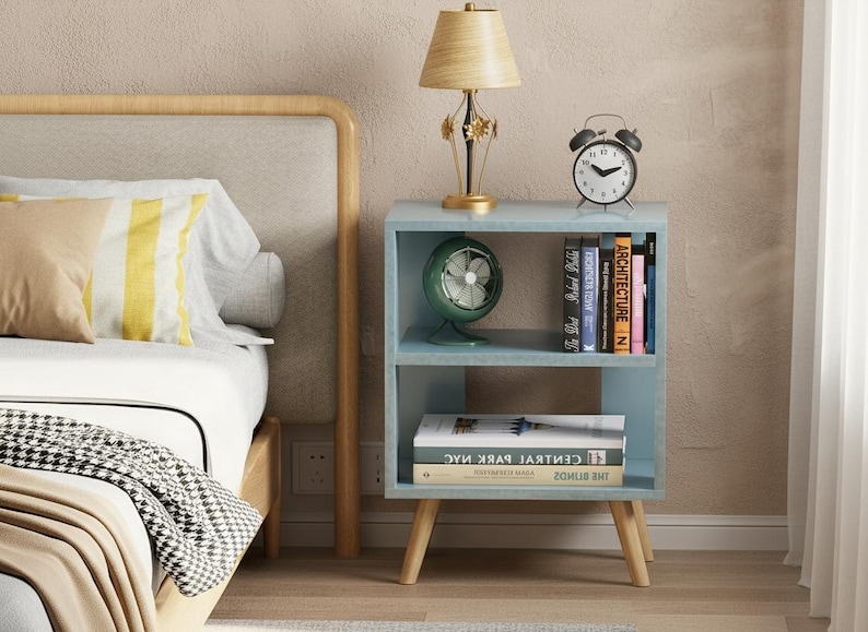 Modern bedside table for small spaces with open shelf design