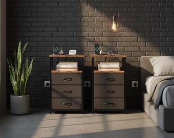 1/2pcs Night Stand with Charging Station, Bedside Table with 3 Fabric Drawers, Plug-Powered End Table with Storage for Bedroom