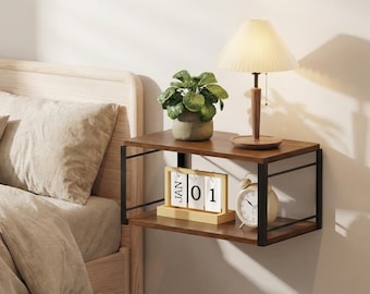 Mesita de noche flotante de madera para montaje en pared, mesa auxiliar rústica, estante flotante pequeño para dormitorio, baño y sala de estar.