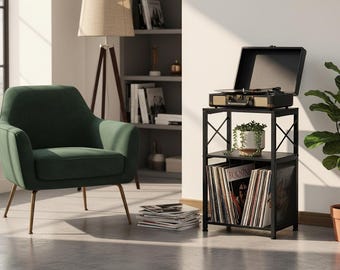 Black Vinyl Side Table, Industrial Nightstand with Vinyl Record Storage
