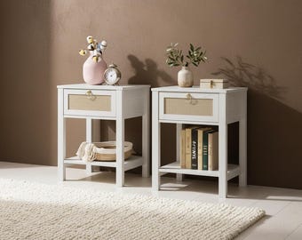 Rattan Nightstand Set of 2, Boho Oak Bedside Table with Drawer & Shelf, Small Space End Table with Storage