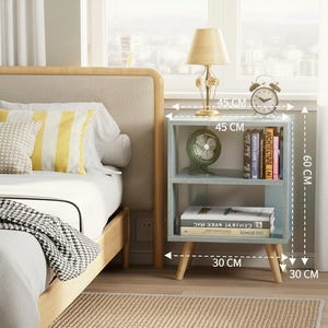 Light blue modern nightstand with hardwood legs in cozy bedroom