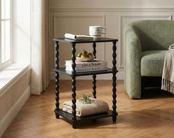 Vintage Side Table with 3 Tier Shelf, Small Narrow Nightstand for Bedroom, Slim End Table for Living Room, Rustic Bedside Table