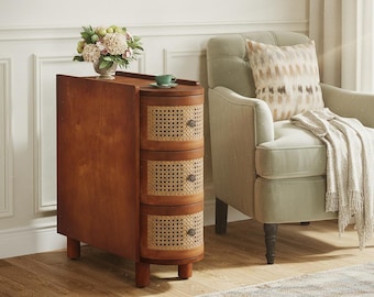Solid Wood & Rattan 3 Drawer Bedside End Table, Slim Narrow Nightstand, Boho Oak Table for Small Spaces