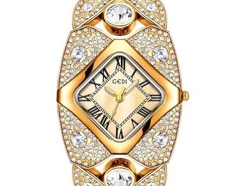 May include: A gold wristwatch with a diamond-shaped face and a matching bracelet. The watch face displays Roman numerals and the brand name "GEDI". The bracelet and watch face are decorated with many small, clear crystals and larger, round crystals.