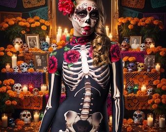 Różany szkielet na imprezę halloweenową, kostium na Dzień Zmarłych, kombinezon z czaszką z cukru, Dia de los Muertos, strój szkieletu