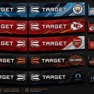 May include: A collection of rectangular and square adhesive decals featuring the word TARGET alongside various sports team and brand logos including Manchester City, Kansas City Chiefs, Arsenal, and Harley-Davidson in blue, red, and black.