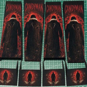 May include: Four rectangular vertical panels and four matching square base pieces featuring the Candyman movie logo in red text. Each piece displays a dark figure in a long coat against a red circular background with bees and foliage.