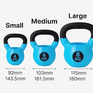 Puede incluir: Tres pesas rusas azules con asas negras, etiquetadas como "Pequeña", "Mediana" y "Grande". La pesa rusa pequeña pesa 4 kg, la mediana 6 kg y la grande 8 kg. Las medidas se dan en milímetros.