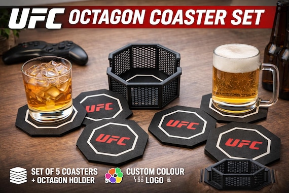 UFC Octagon Coaster Set – Premium Coasters + Octagon Holder | Custom Colour Logo | MMA Fan Gift | Man Cave & Home Bar.