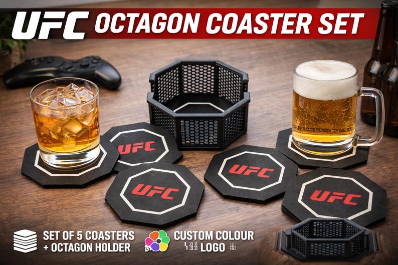 May include: UFC Octagon Coaster Set featuring black coasters with the UFC logo in red and white, and an octagon-shaped holder. A glass of whiskey and a beer mug sit on the coasters. The set includes 5 coasters and an octagon holder.