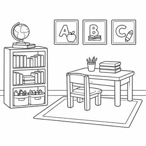 Puede incluir: Dibujo lineal en blanco y negro de una escena de aula. Hay una estantería, un escritorio, una silla y una alfombra. La estantería contiene libros, y el escritorio tiene libros y lápices. Los letreros de ABC cuelgan de la pared y un globo terráqueo está en la estantería.