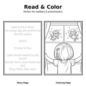 Op de afbeelding: Zwart-wit kinderactiviteitenboek met de titel "Read & Color". Het boek bevat een verhalenpagina met tekst en een kleurplaat met een tekening van een meisje en feeën. De tekst luidt "Layla hield van tekenen."