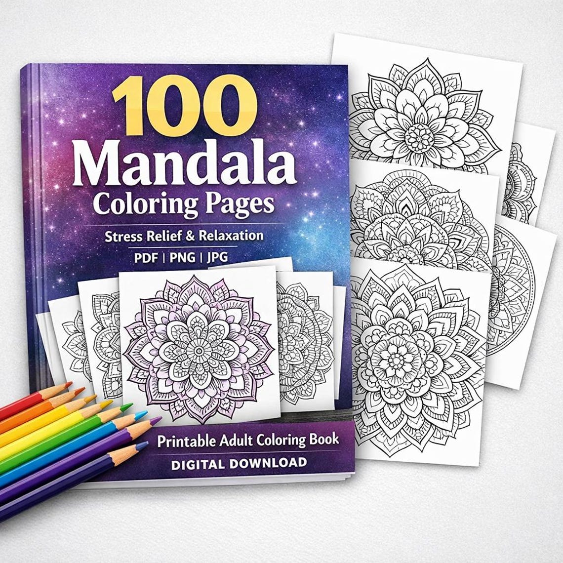 100 Mandala Coloring Pages - Stress Relief Adult Coloring Book (PDF+PNG ...