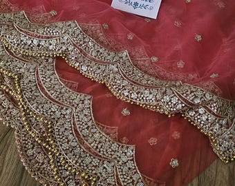 coral red  soft Net Dupatta, Gold Zari Embroidery Sequins, Wedding veil Bridal Scarf