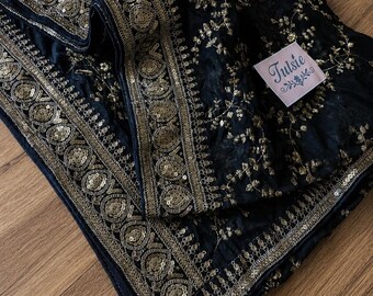 Black Organza Dupatta wrap Gold Zari, Embroidery, and Sequins | Elegant Wedding Bridal Scarf for Lehangas, Suits & Anarkali