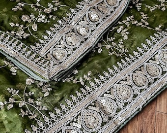 Dupatta de organza verde Mehndi con bordados, lentejuelas y zari dorado / Elegante bufanda nupcial para lehengas, trajes y anarkali